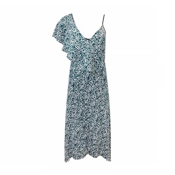 Club Monaco Maxi dress Asymmetrical Emmerillo White/Dark green fairy Flounce 00 - Picture 3 of 13
